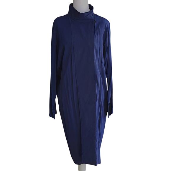 Liz Claiborne Silk Mandarin Collar Midi Pencil Dress Sz 12 Dark Navy Minimalist - Picture 2 of 6